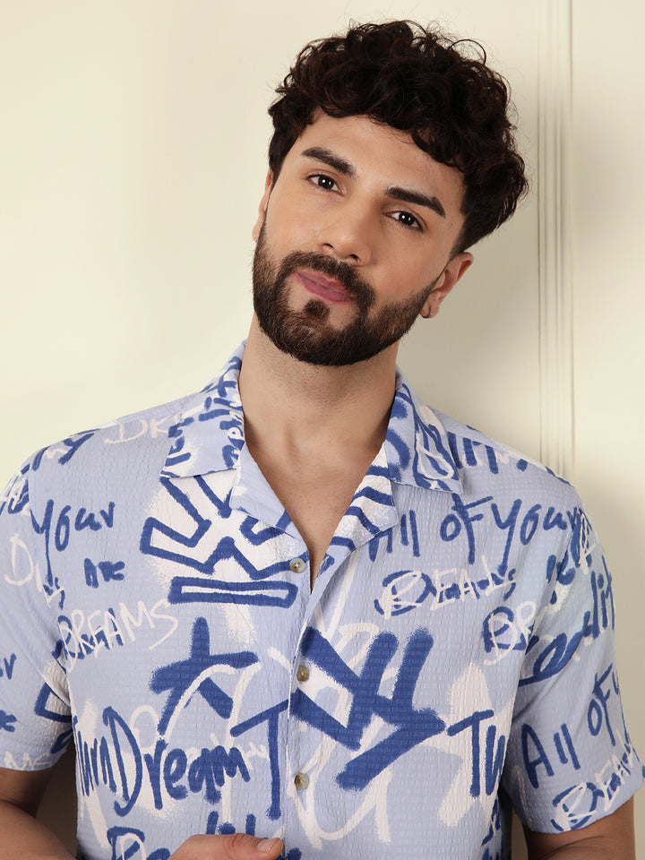 Textured Light Weight AOP Shirt | Blue