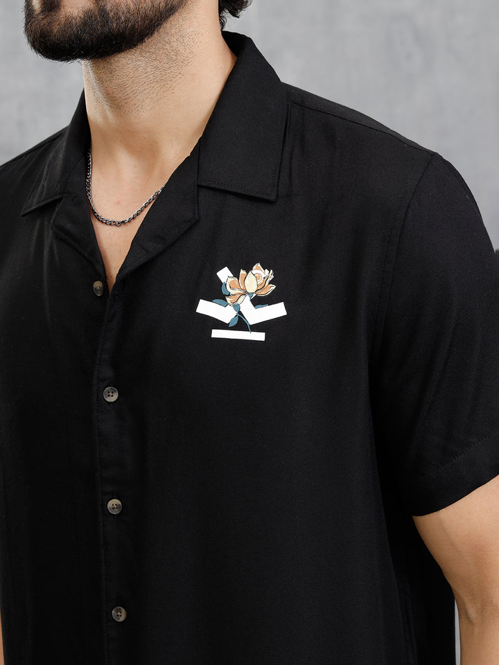 Fluid Resort Collar Shirt With Surreal Back Print | Black