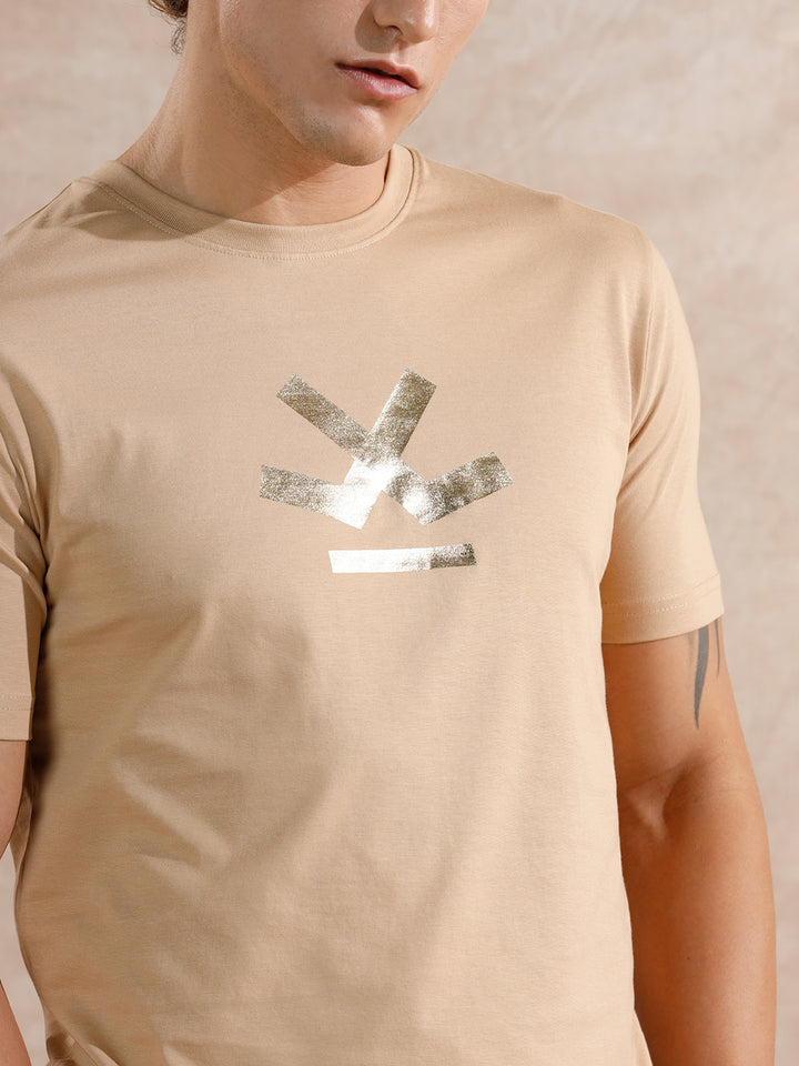 Gold Foil Print Slim Fit T-Shirt | Beige