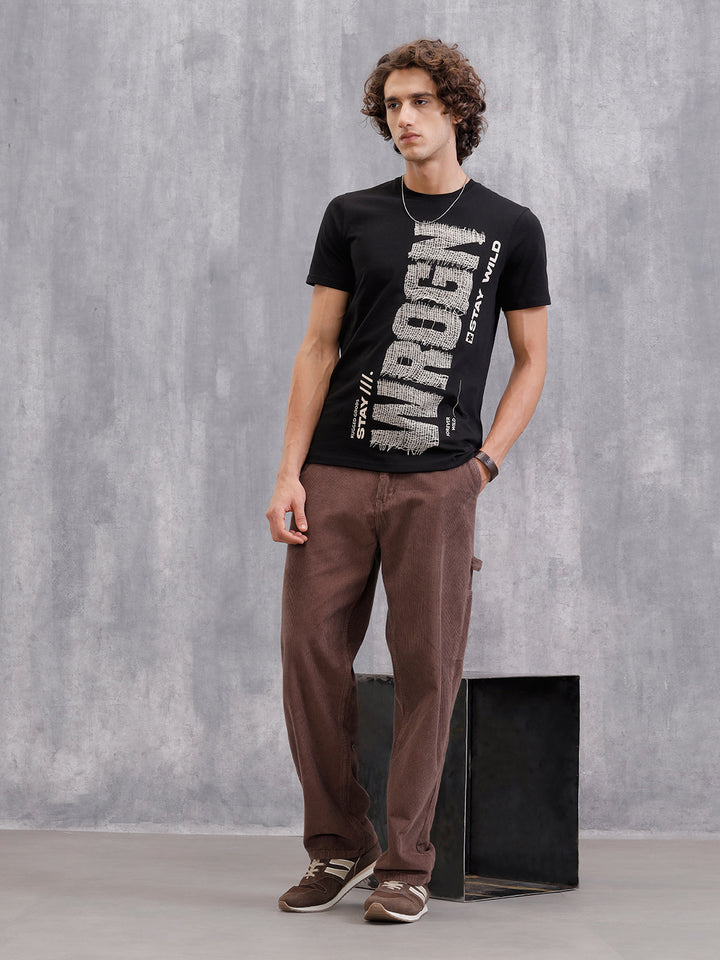 Distressed Yarn Look Brand Carrier Crew Neck In Slim Fit | Black