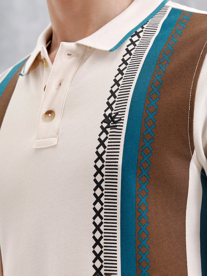 Cross-Stitch Inspired Printed Striped Slim Fit Shirt | Beige