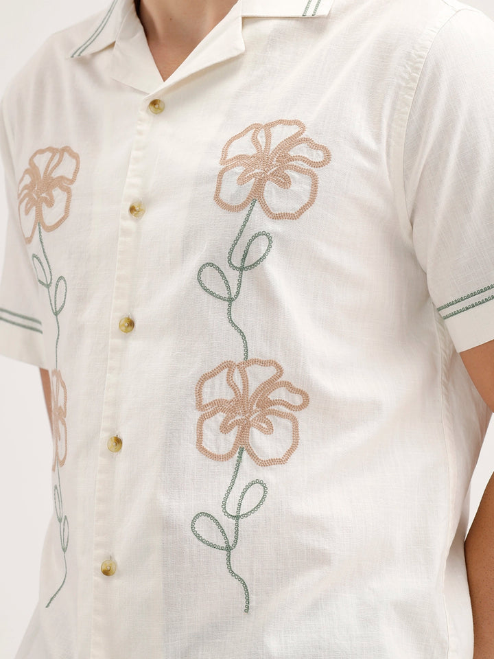 Slim Fit Emroidered Resort Collar Shirt | White