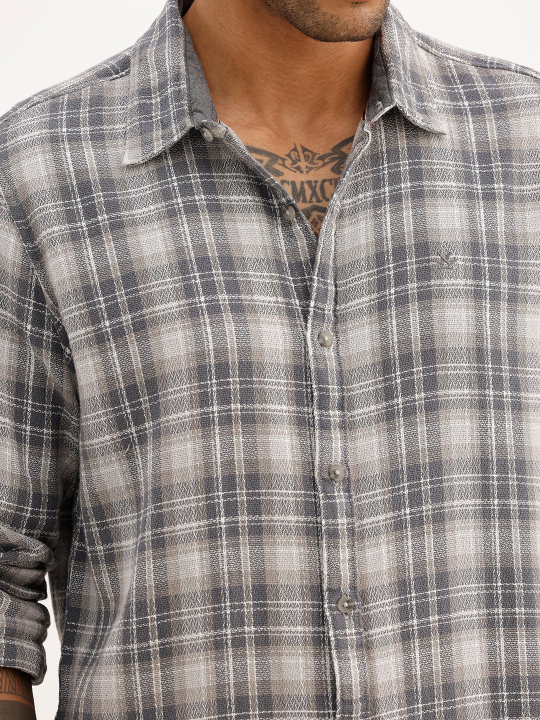 Slim Fit Checkered Full Sleeve Shirt | Grey