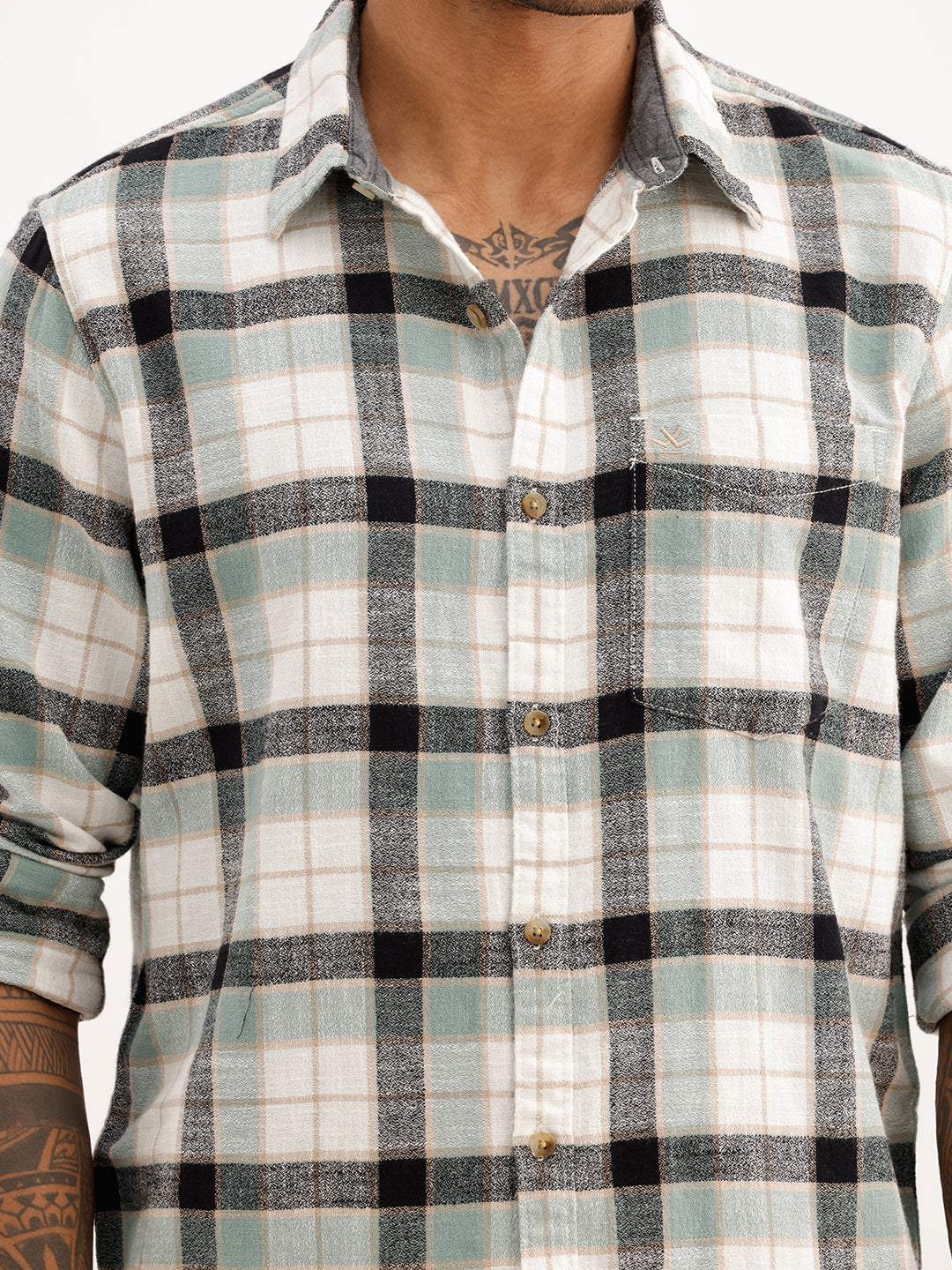 Slim Fit Checkered Full Sleeve Shirt | Teal