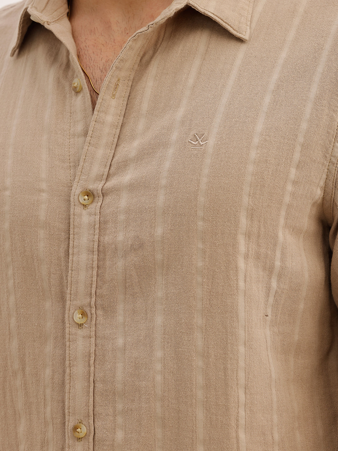 Slim Fit Textured Striped Full Sleeve Shirt | Khaki