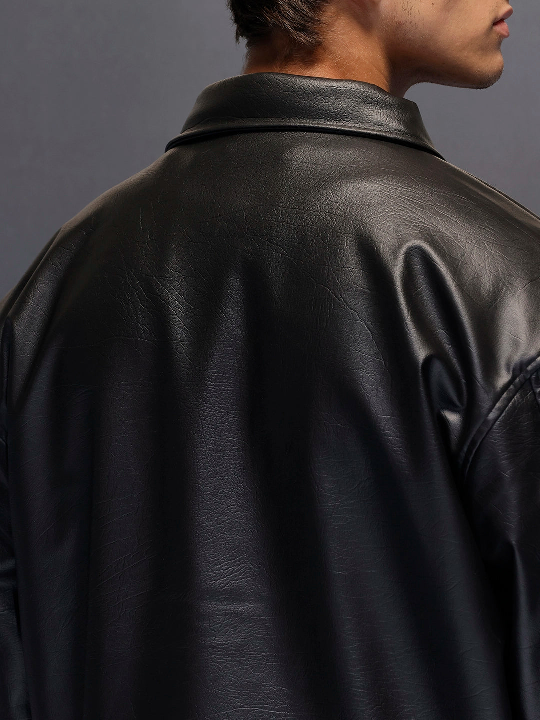 Men's Relaxed Fit Collared Fit PU Jacket  |  Black