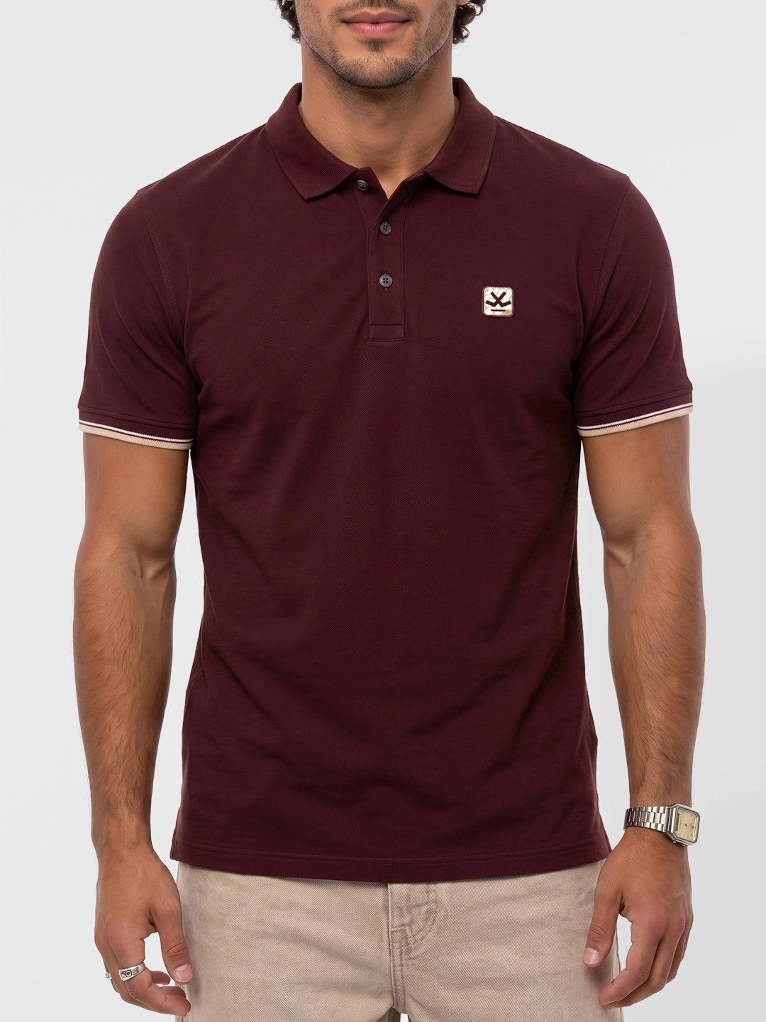 Slim Fit Contrast Sleeve Polo T-Shirt | Maroon