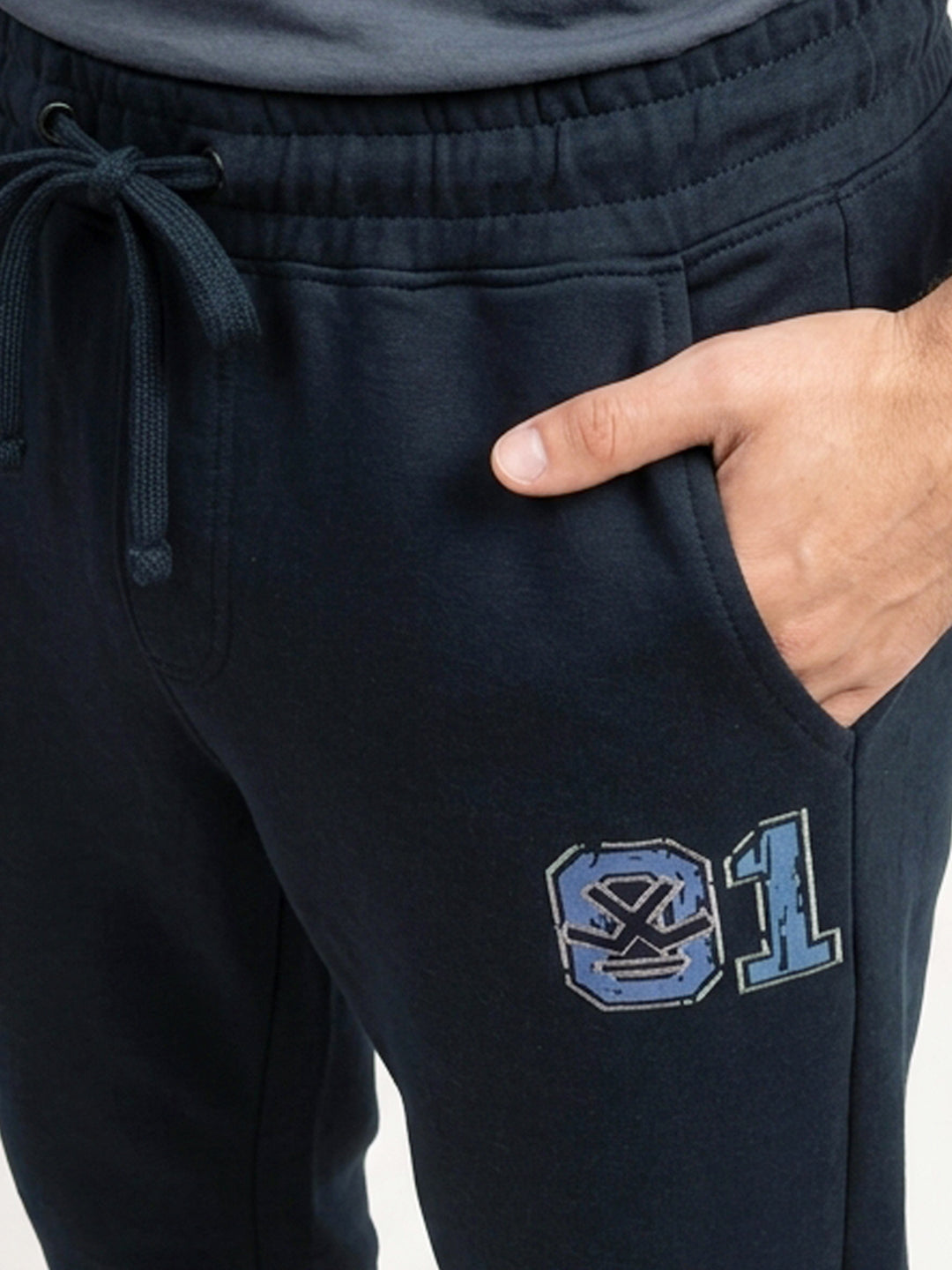 Solid Regular Fit Printed Jogger | Navy Blue