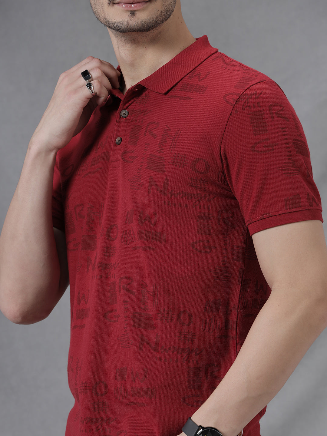 Wrogn Script AOP Red Polo T-Shirt