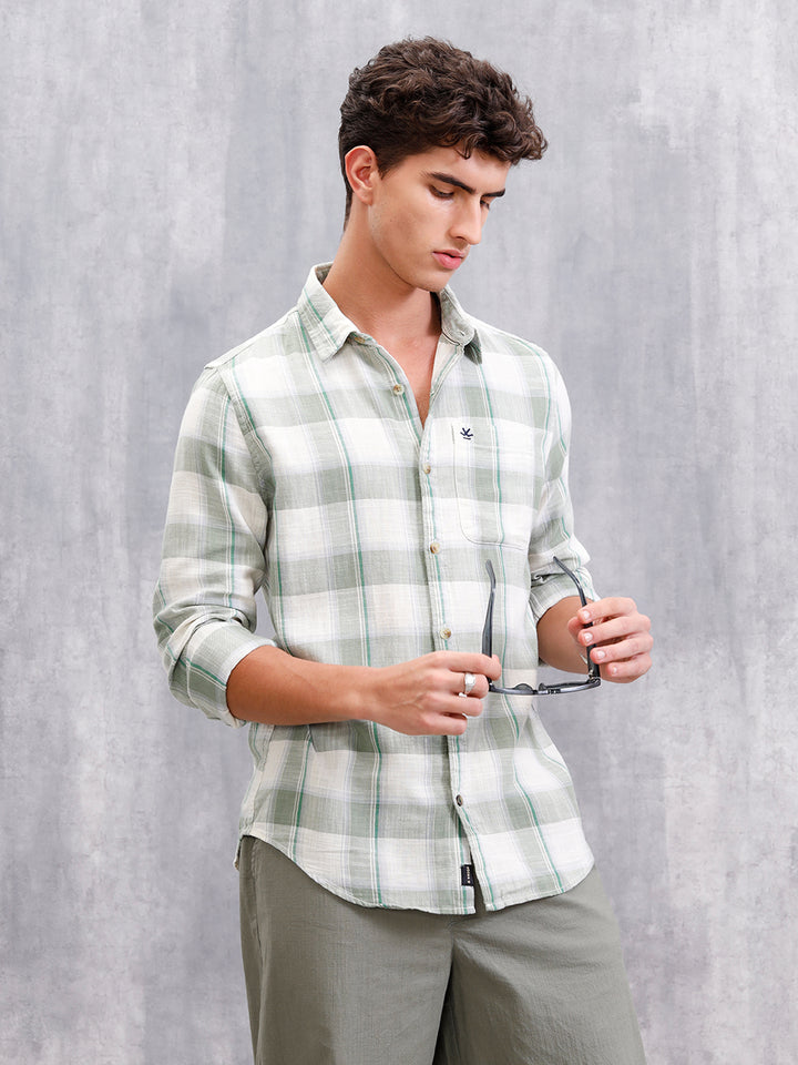 Cotton Twill Slub Checks In Slim Fit | Green