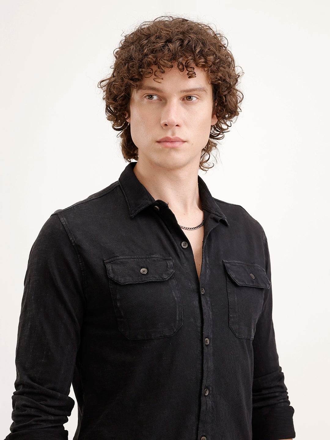 Solid Slim Fit Double Pocket Shirt | Black