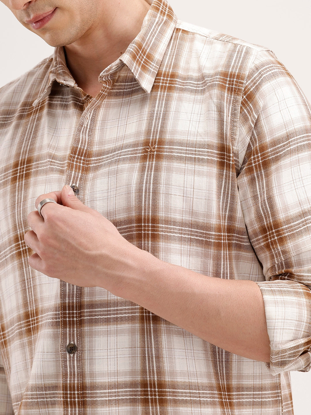 Slim Fit Herringbone Checkered Shirt | Brown