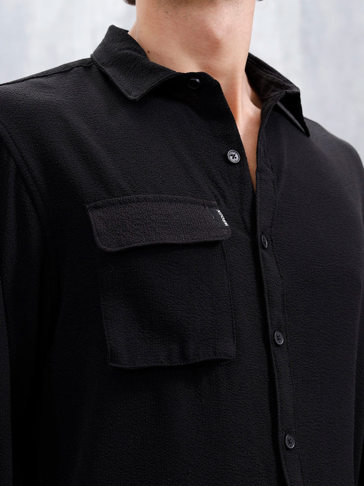 Comfort Fit Solid Shirt With Utility Pockets | Black