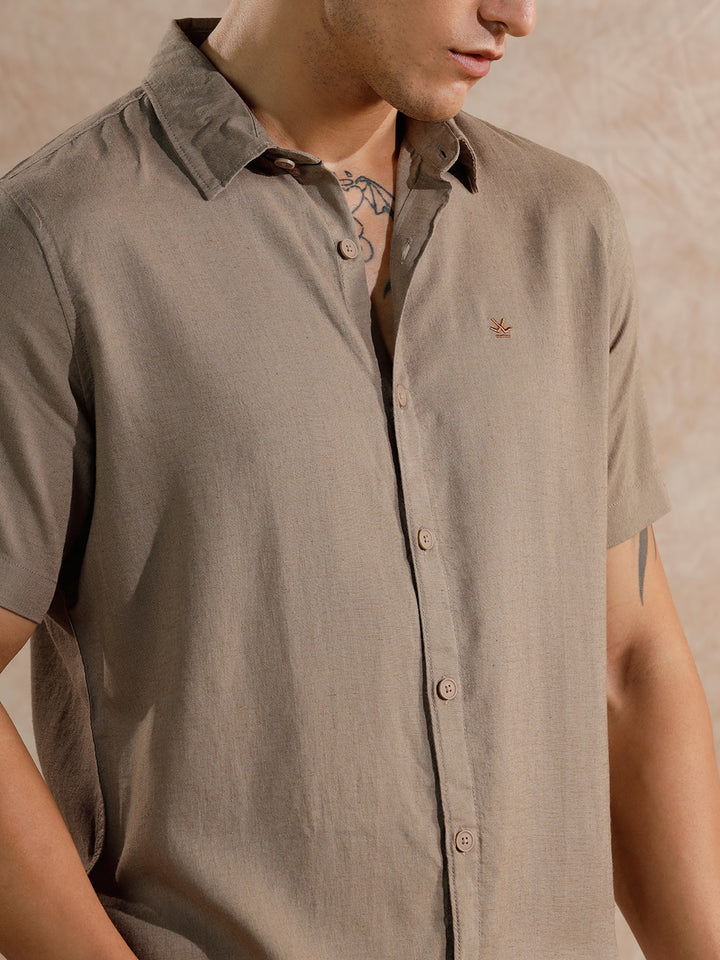 Solid Linen Blend Slim Fit Shirt | Brown