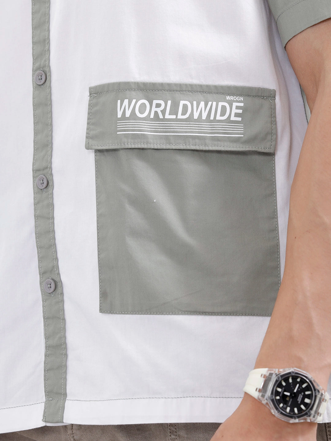 Oversized Fit Colourblock Shirt With Contrast Utility Pockets | White And Grey