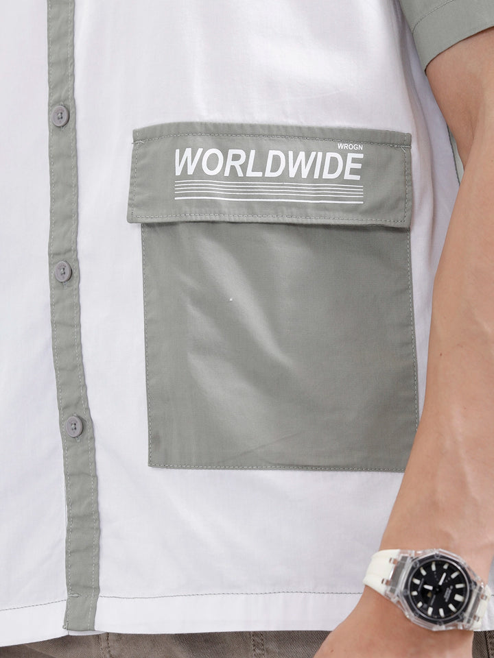 Oversized Fit Colourblock Shirt With Contrast Utility Pockets | White And Grey