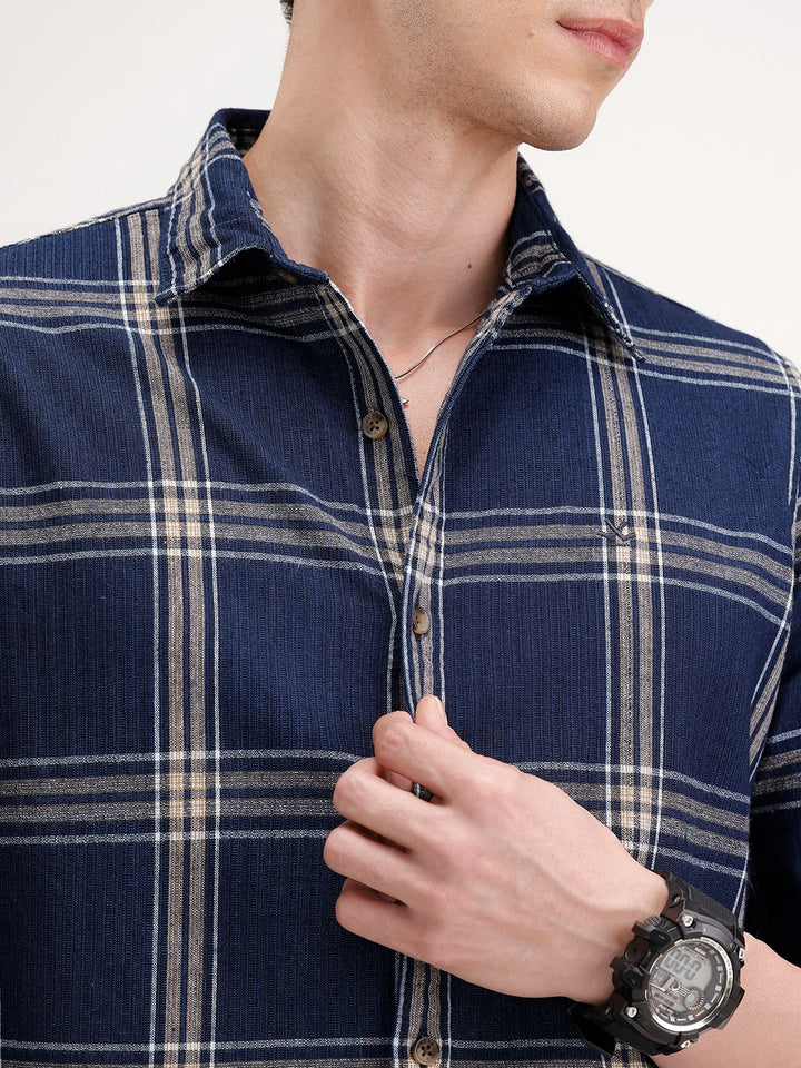 Slim Fit Textured Striped Shirt | Navy Blue
