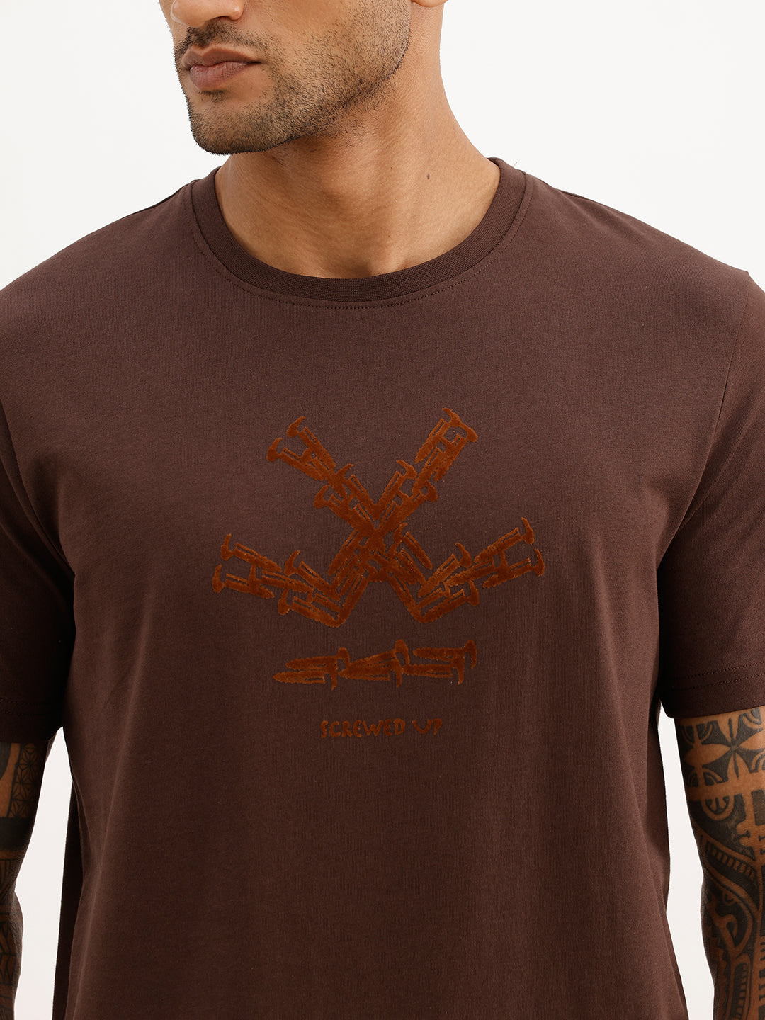 Slim Fit Flock Printed T-Shirt | Brown