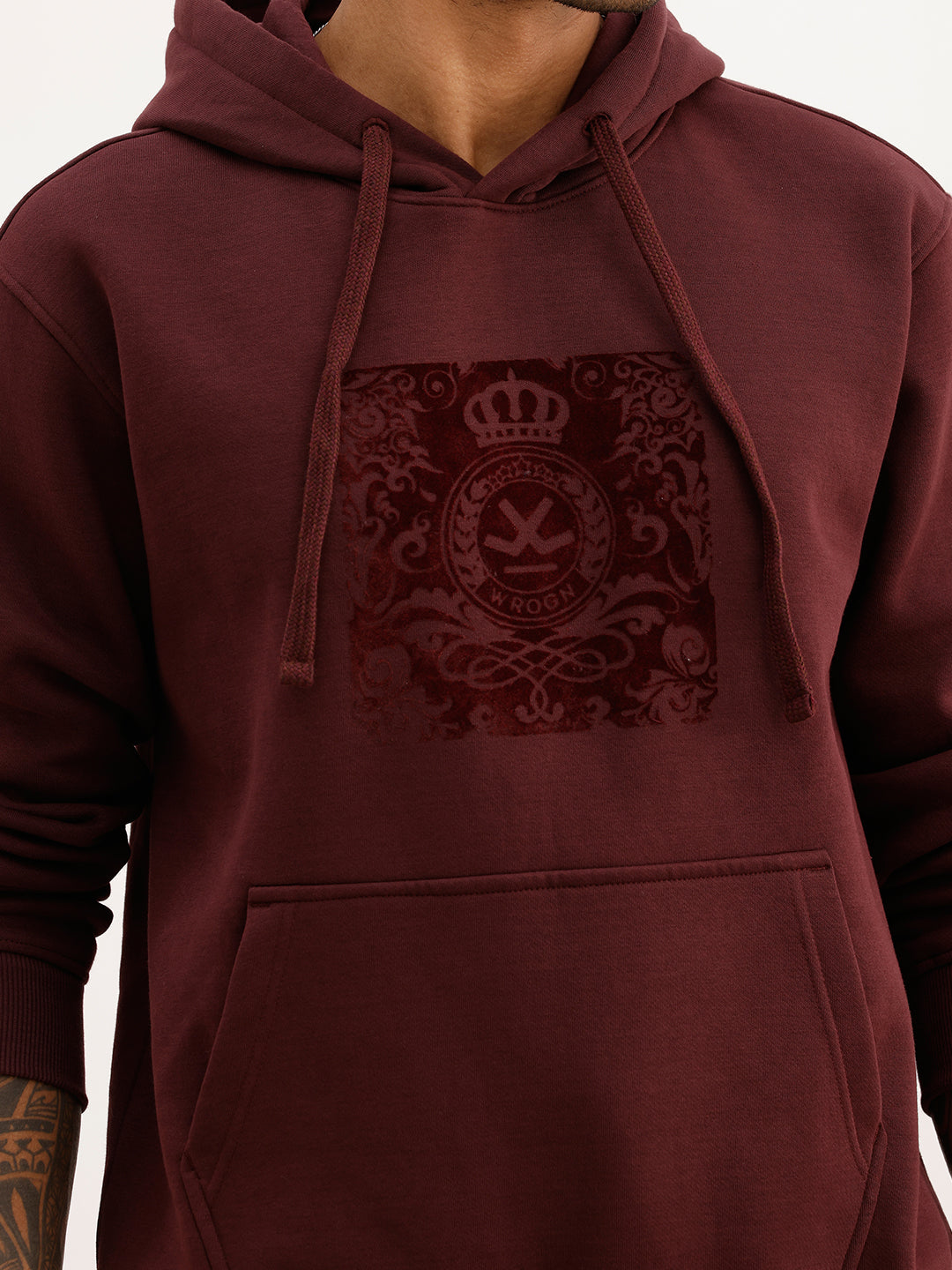 Solid Flock Printed Hoodie | Wine