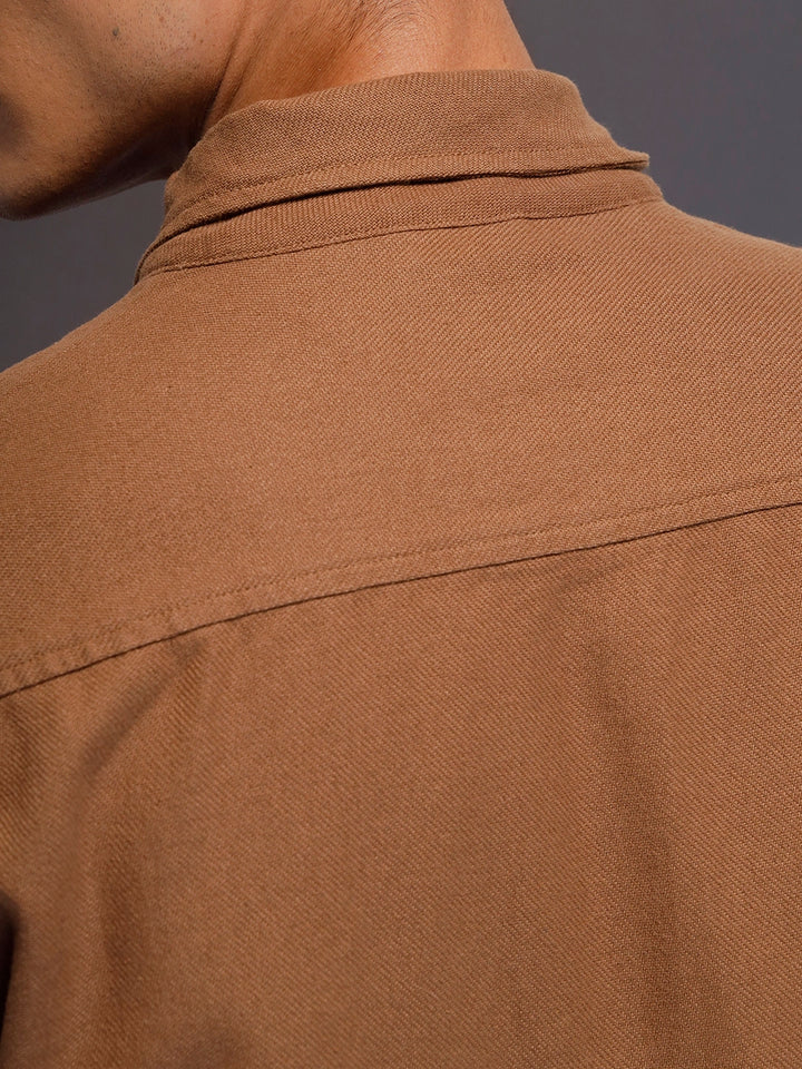 Men's casual front zipper double pocket shacket | Brown