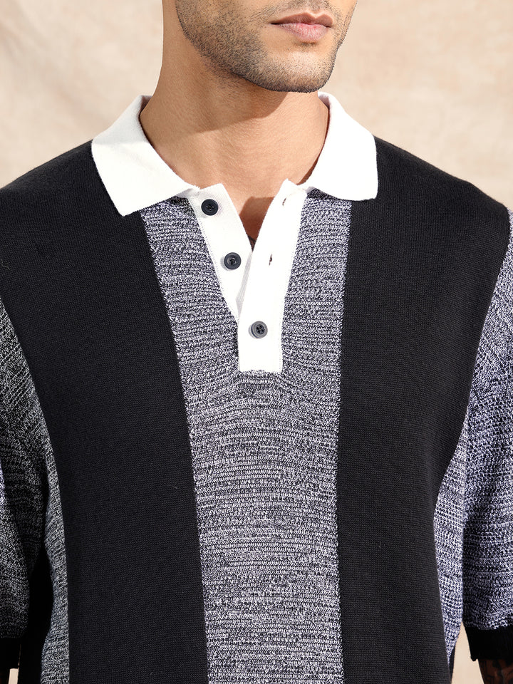 Textured Flat Knit Polo T-Shirt | Black & Grey