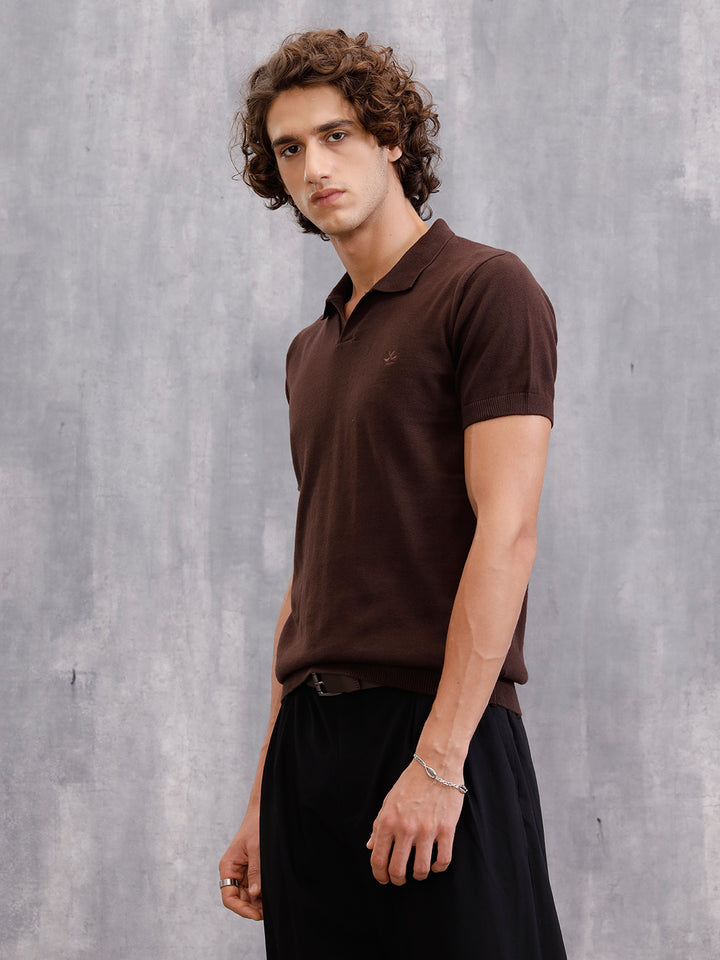 Premium Flat Knit Slim Fit Polo T-Shirt | Brown