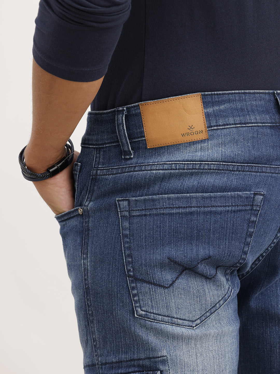 Textured Straight Fit Denim Cargo | Light Blue