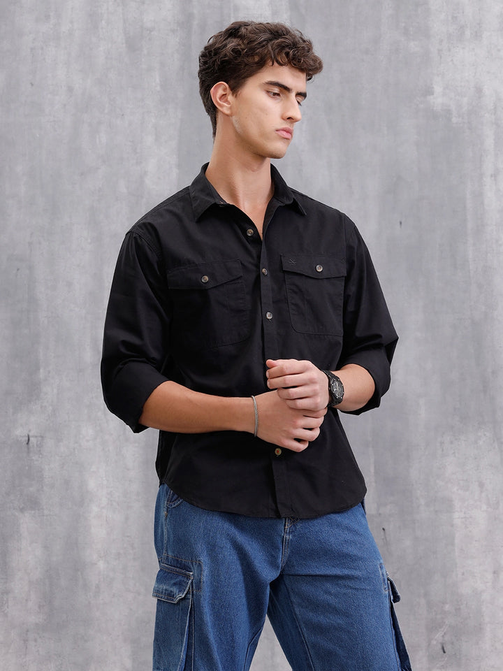100% Cotton Enzyme Washed Regular Fit Shirt With Double Patch Pocket I Black