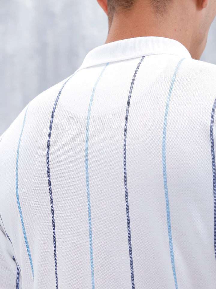 Men's Casual Regualr Fit Striped Pattern Polo T-Shirt | White