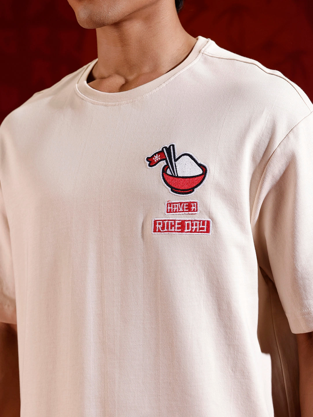 Playful ramen embroidered oversized tshirt | Beige