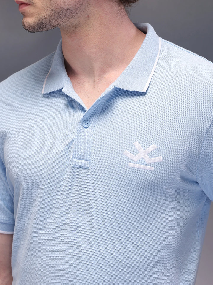 Solid Blue Logo Embroidered Polo T-Shirt