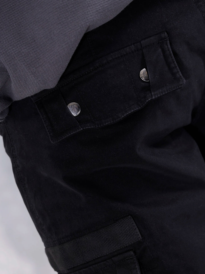 Straight Fit Cotton Twill Utility Trousers With Snap Pockets | Black