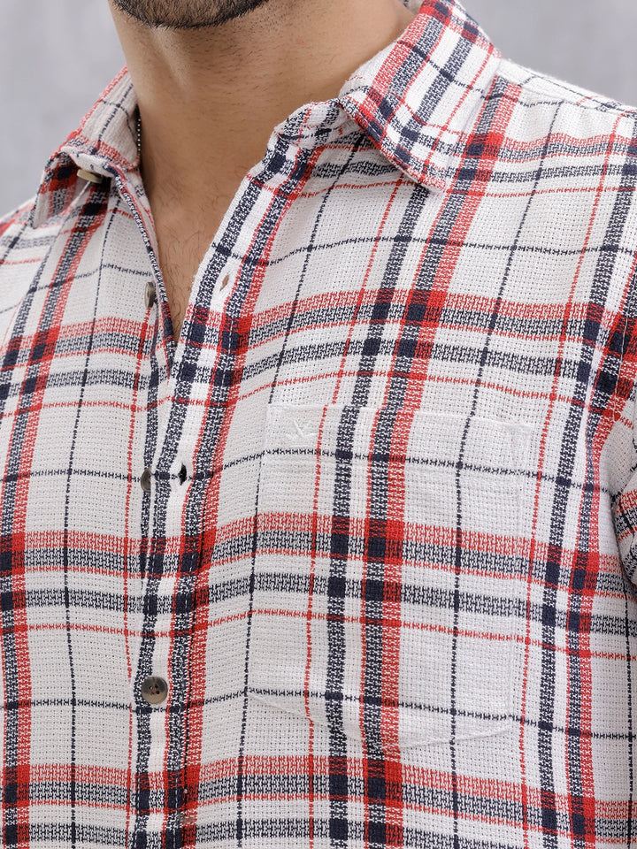 Textured Classic Plaid Check Casual Shirt For Men | White