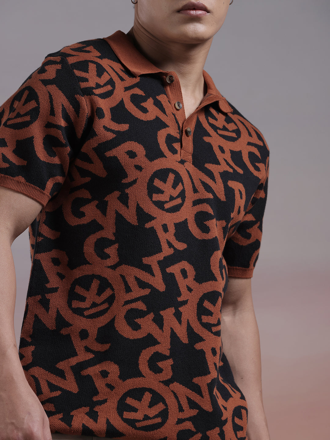 Typographic Knit Rust Polo T-Shirt