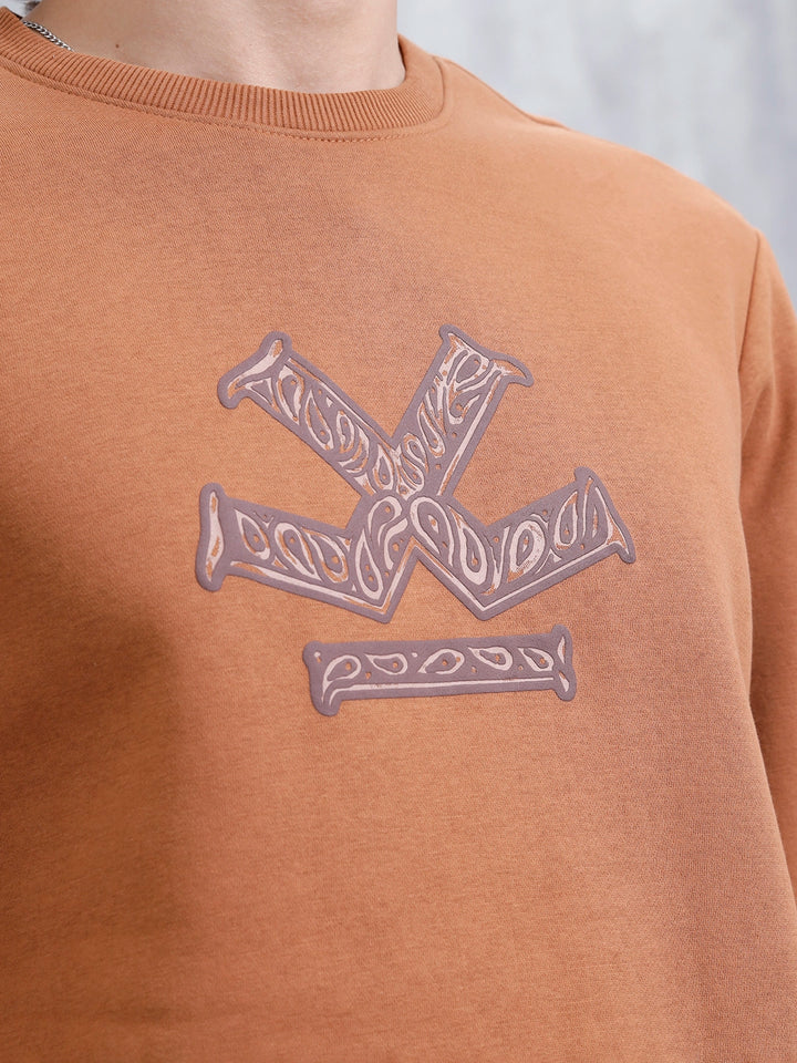 Paisley Puff Print Brushed Fleece Slim Fit Sweatshirt | Rust