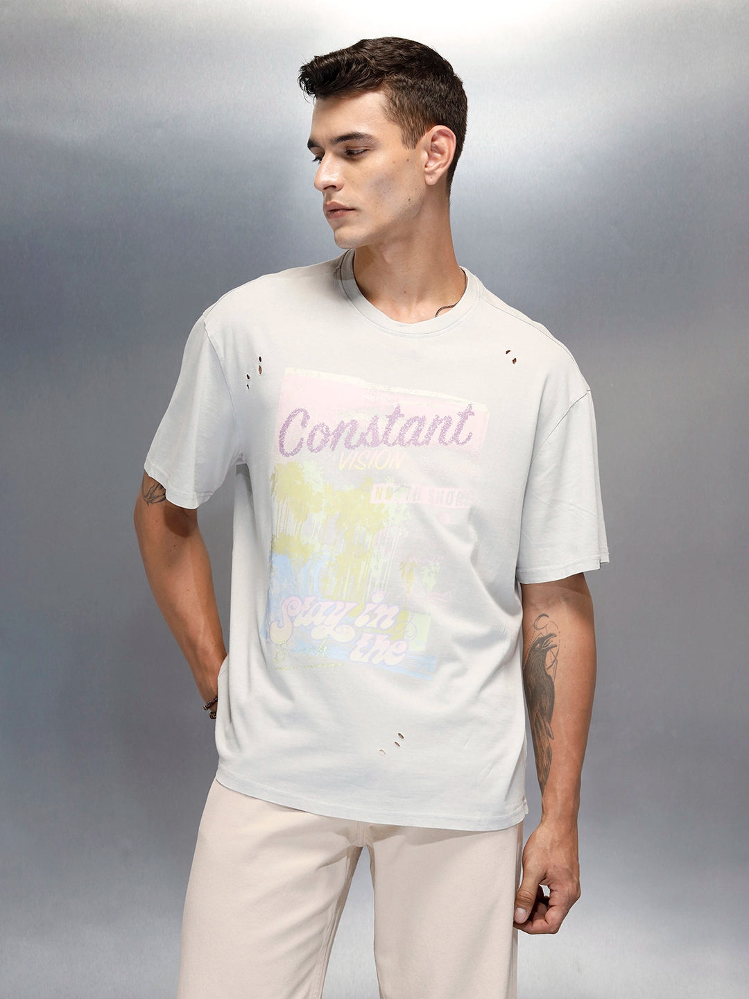 Washed Men's Casual Graphic Printed Oevrsized Fit T-Shirt | Grey