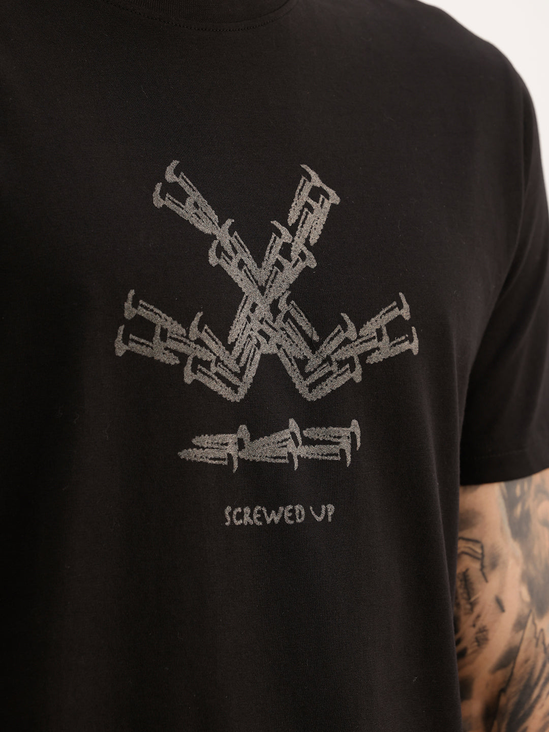 Slim Fit Placement Flock Printed T-Shirt | Black | WTS02HSSL1068S