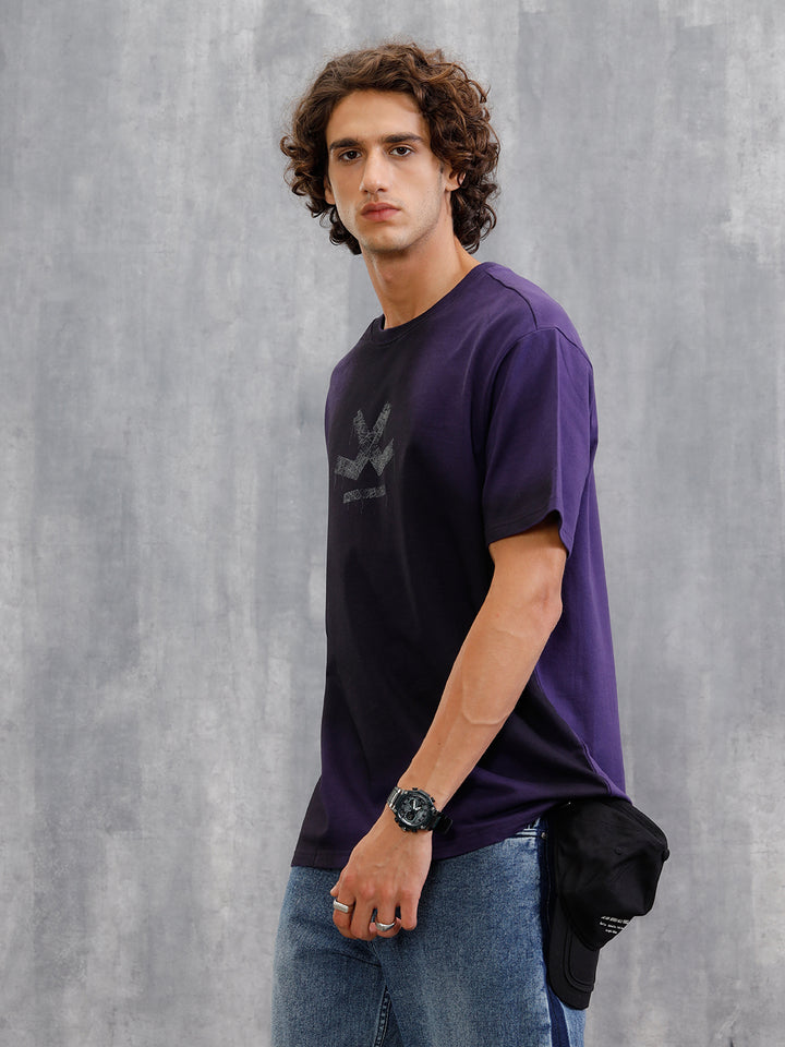 Smokey Pigment Spray With Grunge Logo Print Oversized Crew Neck T-Shirt | Purple