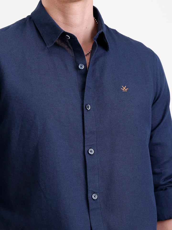 Solid Slim Fit Linen Blend Shirt  | Navy Blue