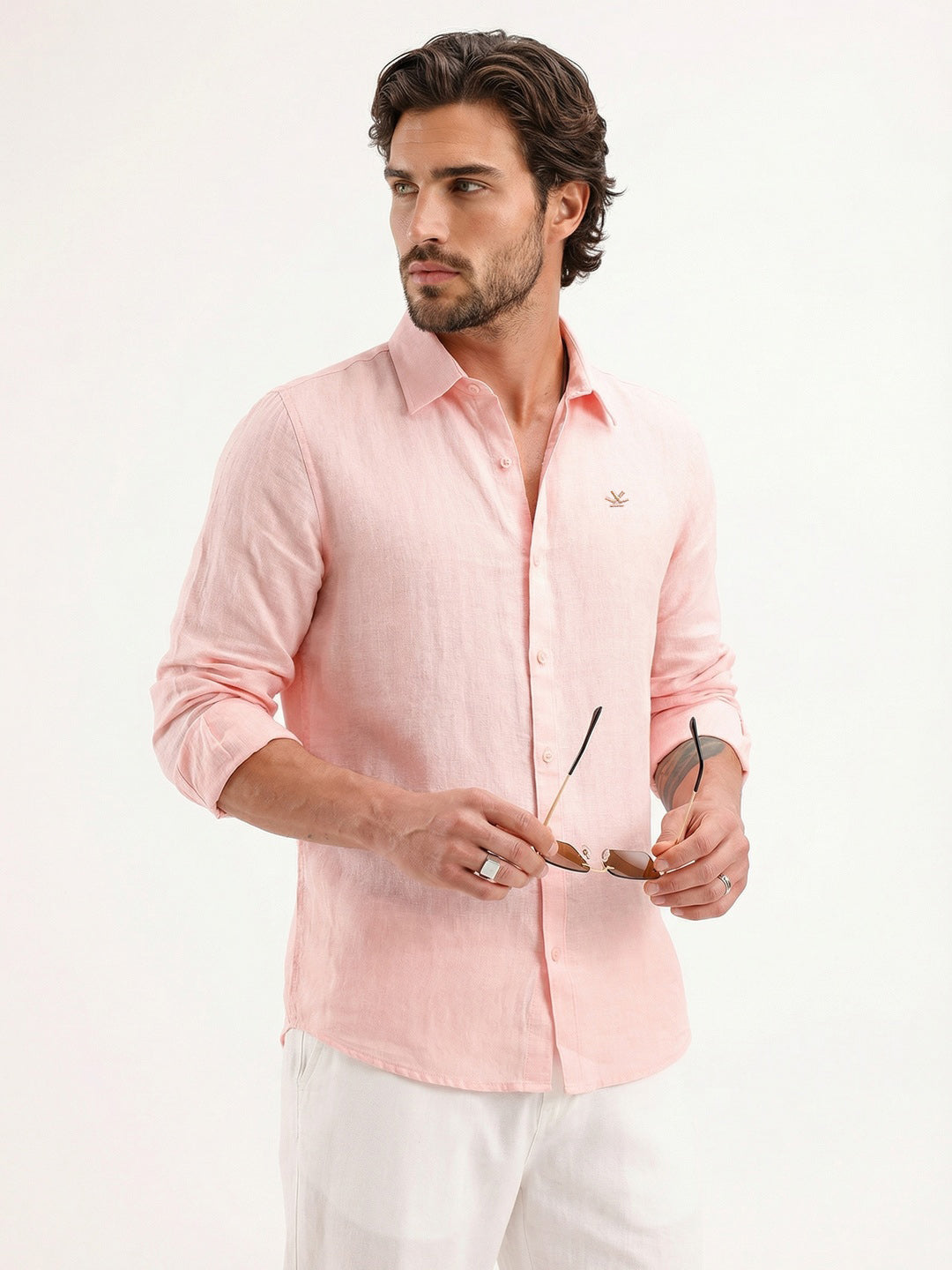 Solid 100% Linen Slim Fit Shirt | Pink