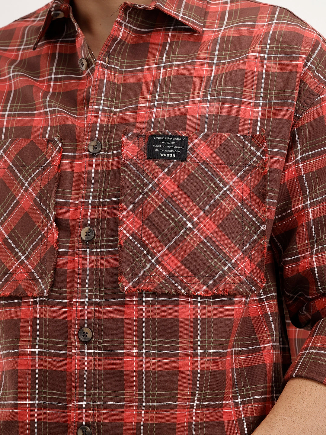 Oversized Raw Edge Double Pocket Checkered Shirt | Brown