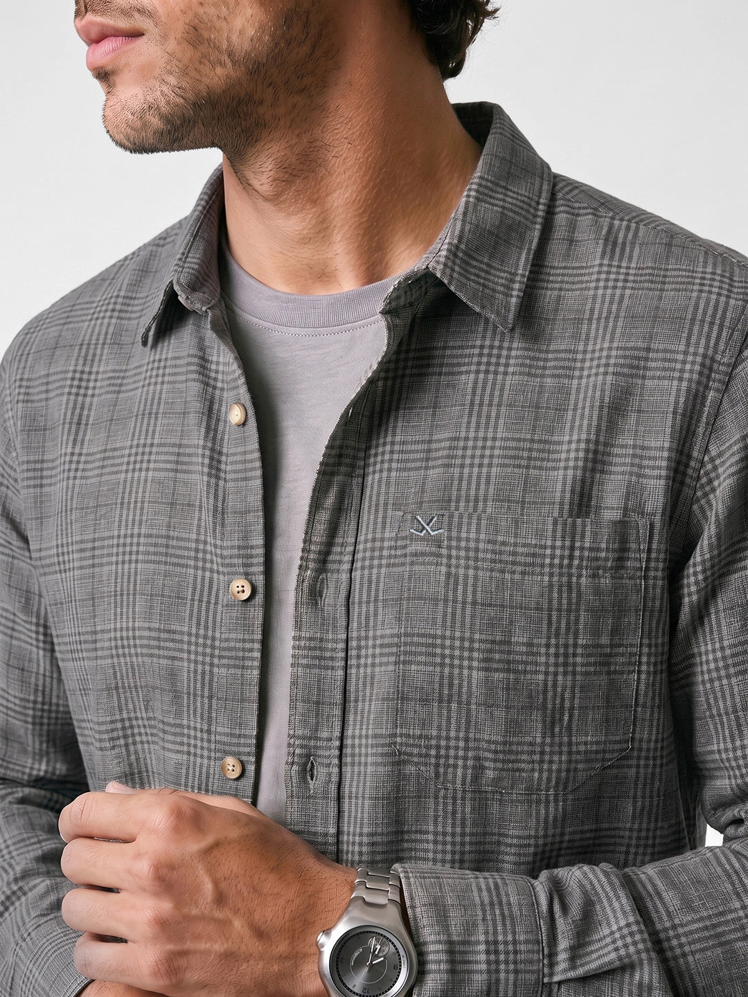 Regular Fit Checkered Full Sleeve Shirt | Grey
