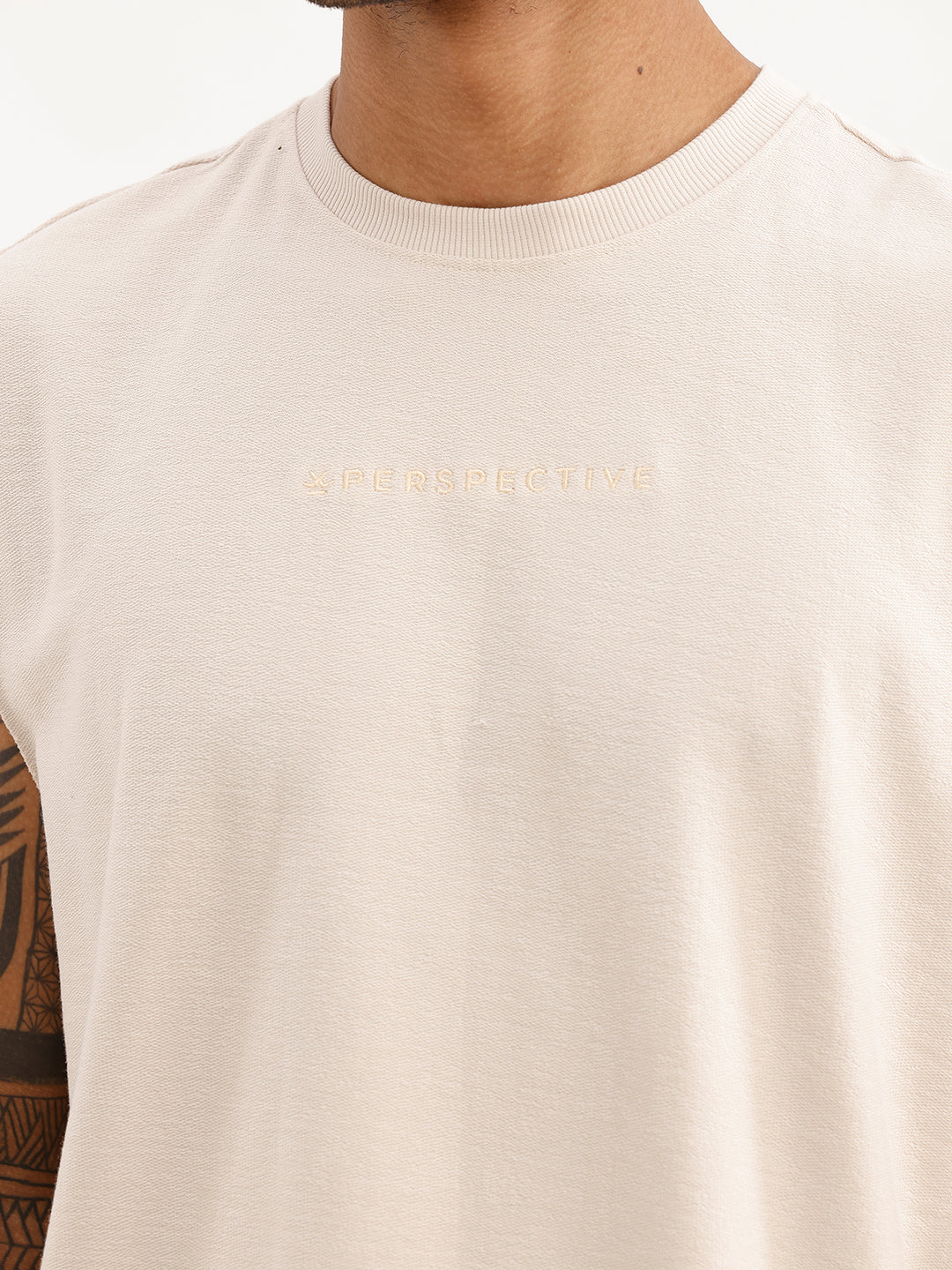 Oversized Raw Edge Cut-Off Sleeve T-Shirt | Beige