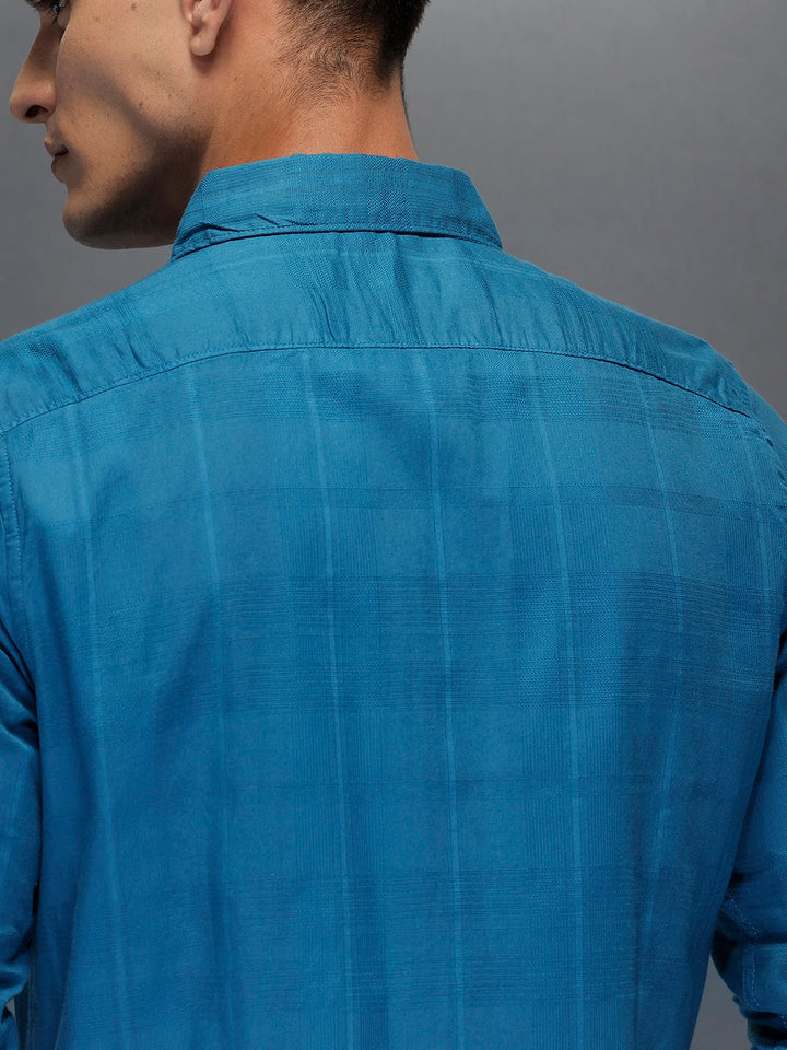 Men's slim fit casual shirt with checked weave pattern | Blue
