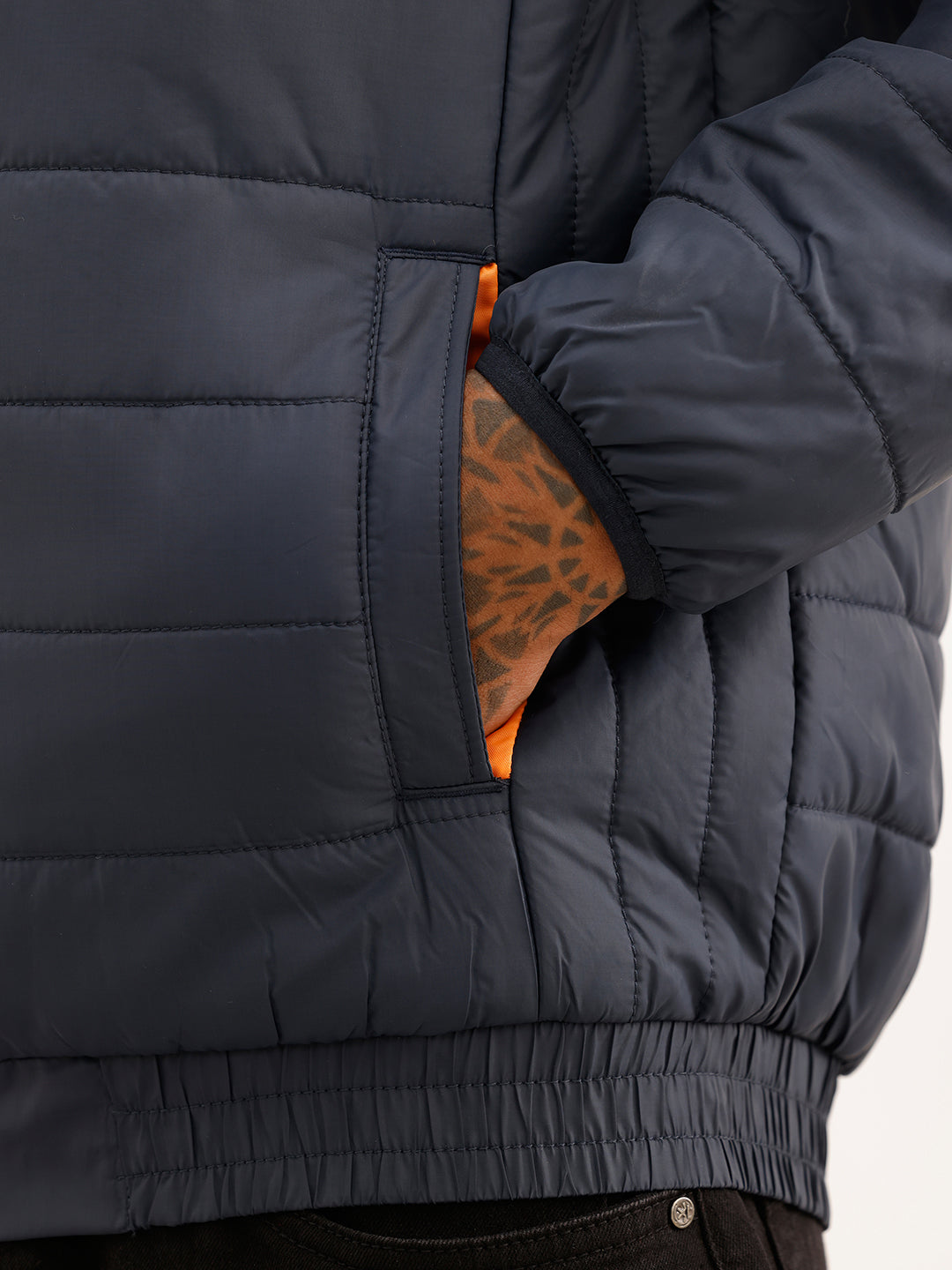Solid Regular Fit Puffer Jacket | Navy Blue