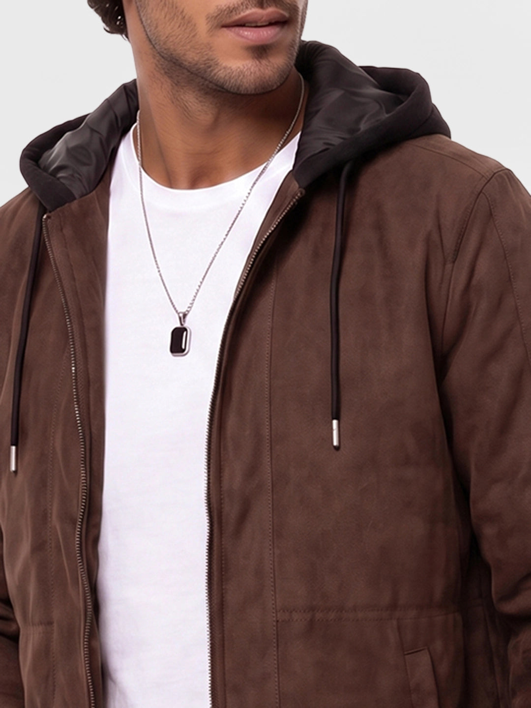 Solid Hooded Zipper Jacket | Brown