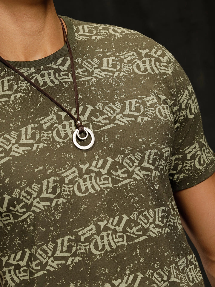 Ancient Script Striped AOP T-Shirt | Olive
