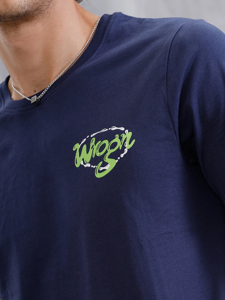 Placement Printed Slim Fit T-Shirt  | Navy Blue