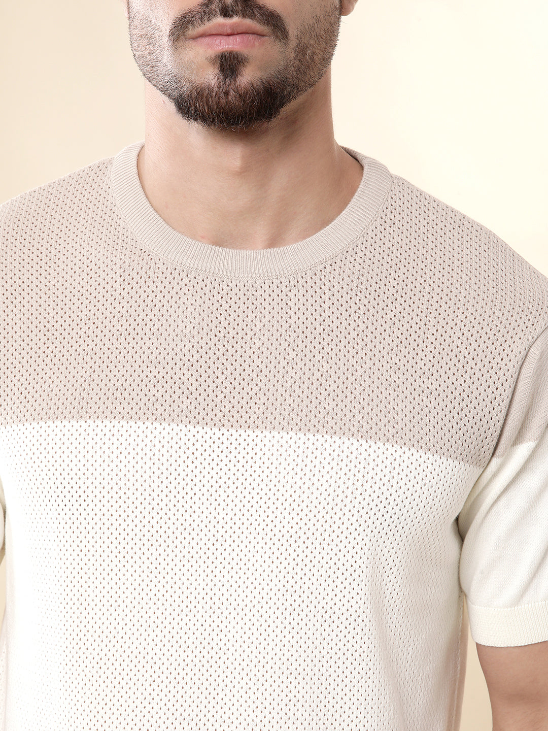 Beige Flat Knit Crew Neck T-Shirt