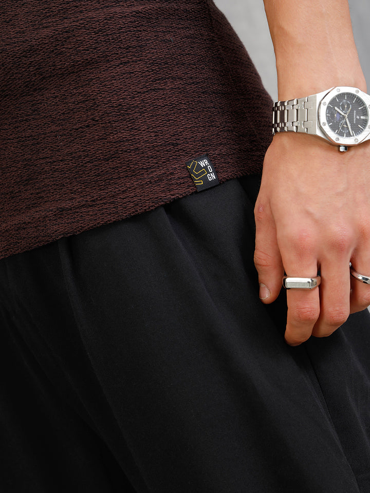 Two Tone Textured Slub Knit Oversized Crew Neck T-Shirt With Chunky Rib | Brown